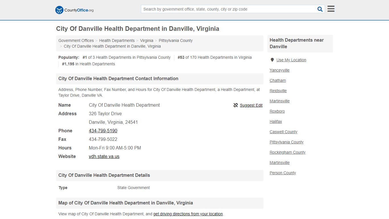 City Of Danville Health Department in Danville, Virginia - County Office