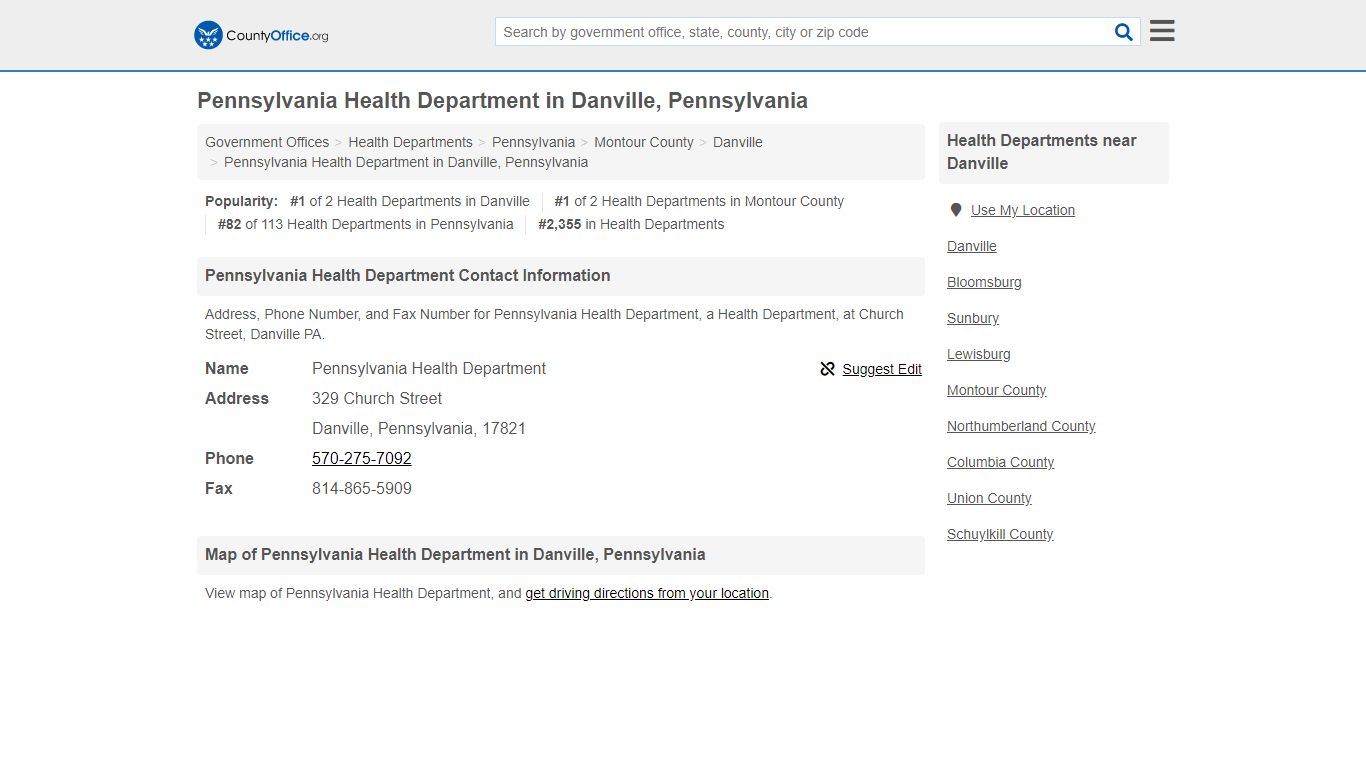 Pennsylvania Health Department - Danville, PA (Address, Phone, and Fax)